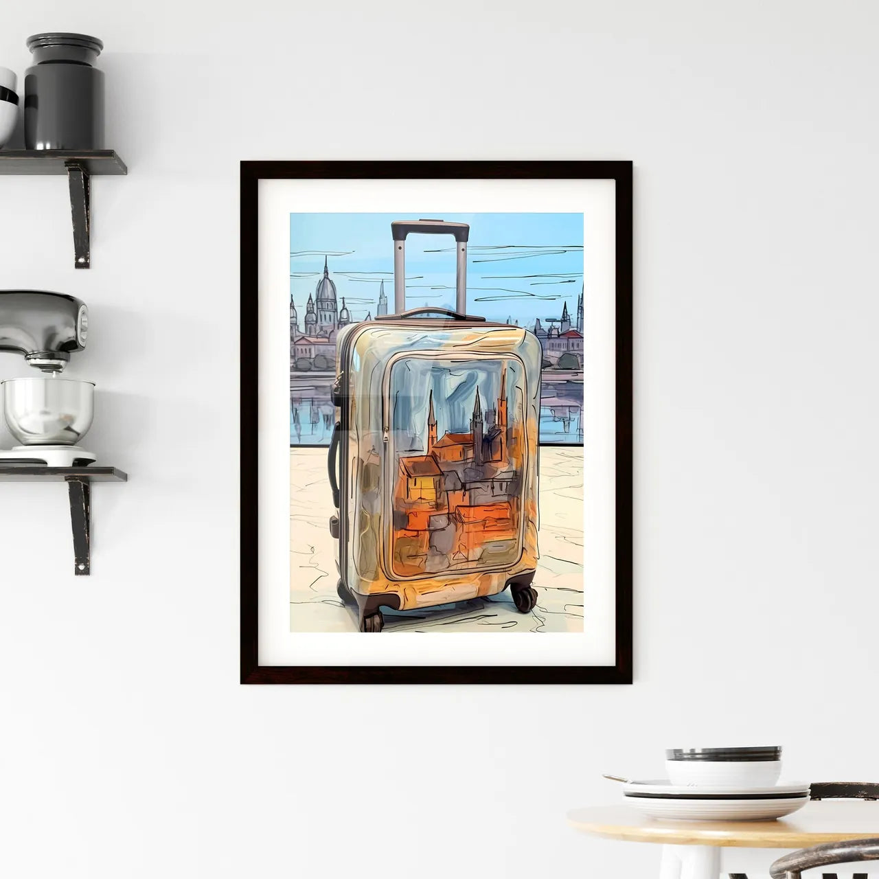 A Poster of travel suitcase at the airport - A Suitcase With A City In The Background Custom Print