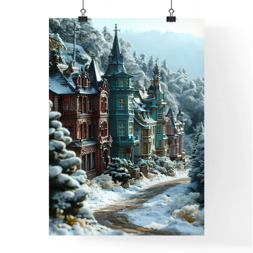 A Poster of a micro landscape of a City in fairy tales - A Row Of Houses In A Snowy Forest Poster