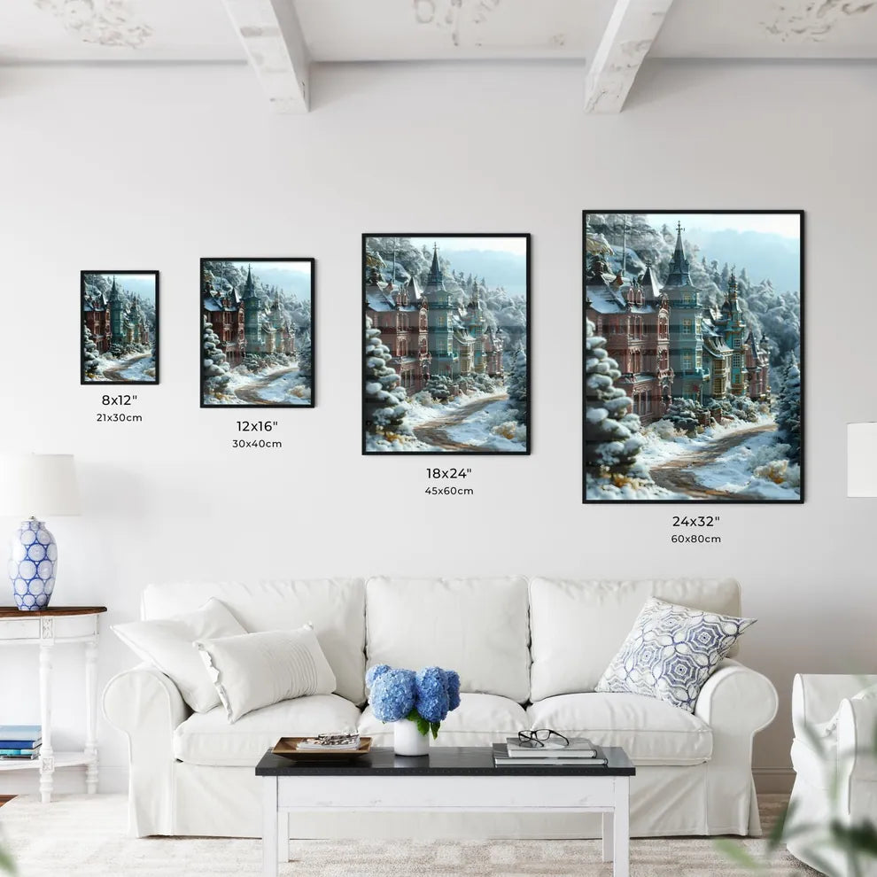 A Poster of a micro landscape of a City in fairy tales - A Row Of Houses In A Snowy Forest Size Chart