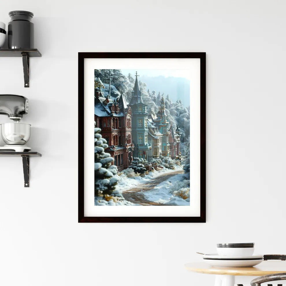 A Poster of a micro landscape of a City in fairy tales - A Row Of Houses In A Snowy Forest Custom Print