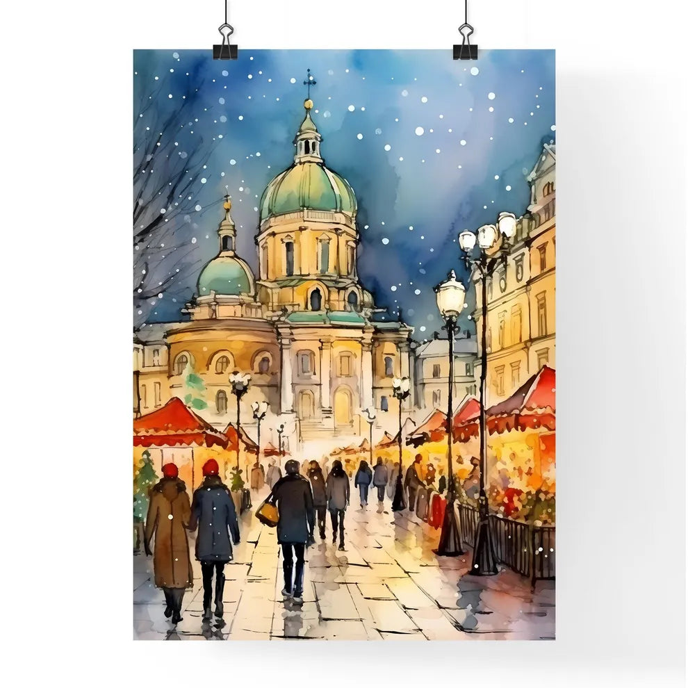 A Poster of people walking a beautiful Italian Christmas market - A Group Of People Walking Down A Street With A Building In The Background Poster