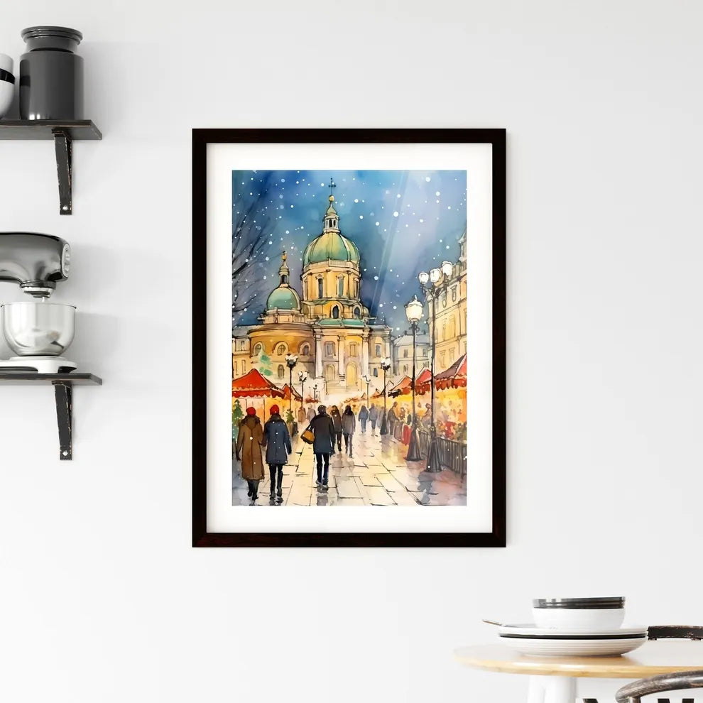 A Poster of people walking a beautiful Italian Christmas market - A Group Of People Walking Down A Street With A Building In The Background Custom Print