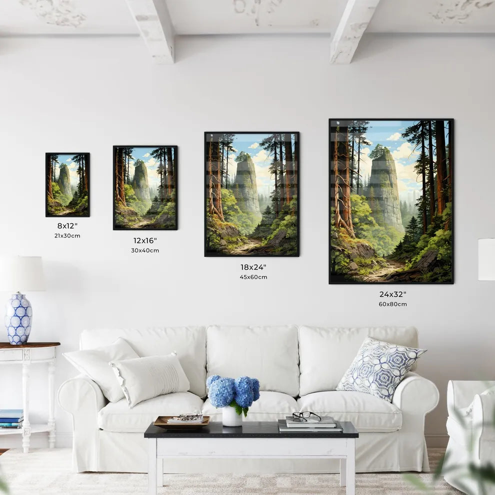 A Poster of Redwood National Park - A Mountain With Trees And A Path Size Chart