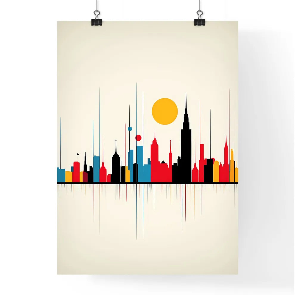 A Poster of minimalist Barcelona skyline - A Colorful City Skyline With Sun Poster