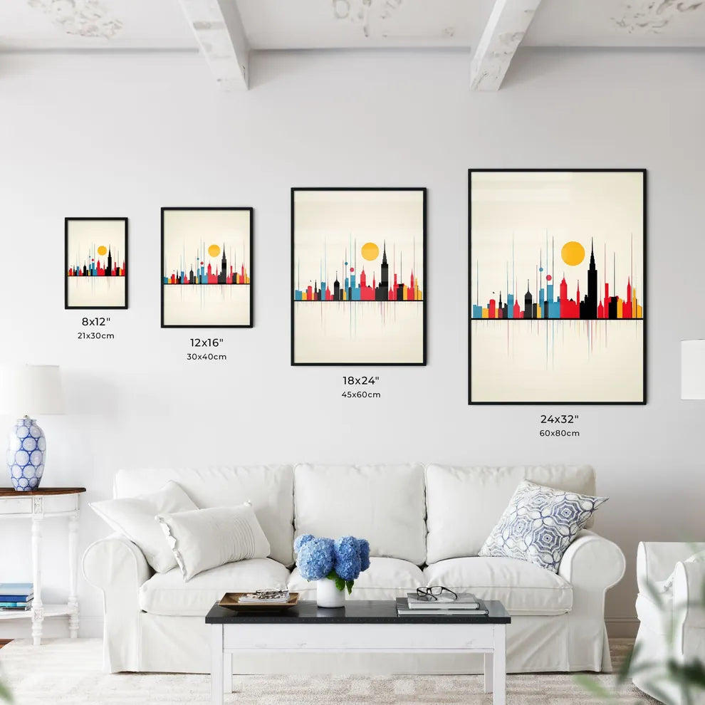 A Poster of minimalist Barcelona skyline - A Colorful City Skyline With Sun Size Chart