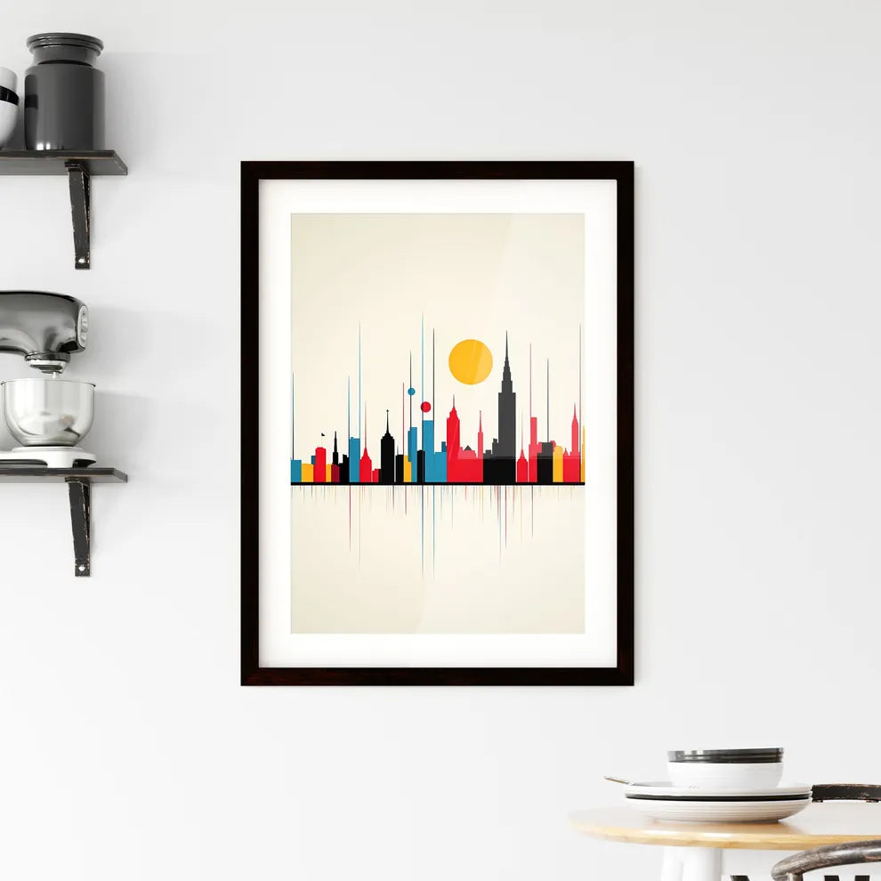 A Poster of minimalist Barcelona skyline - A Colorful City Skyline With Sun Custom Print