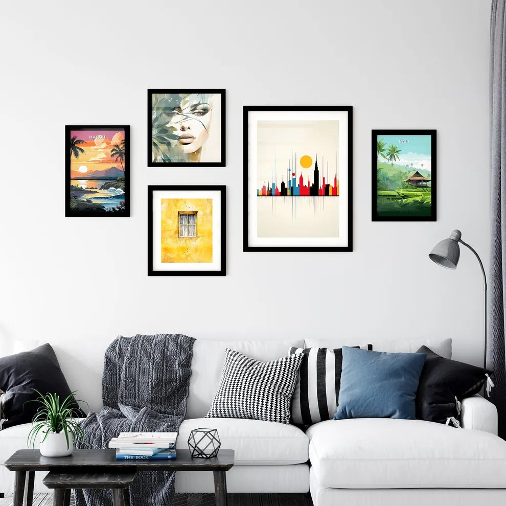 A Poster of minimalist Barcelona skyline - A Colorful City Skyline With Sun Interior Design