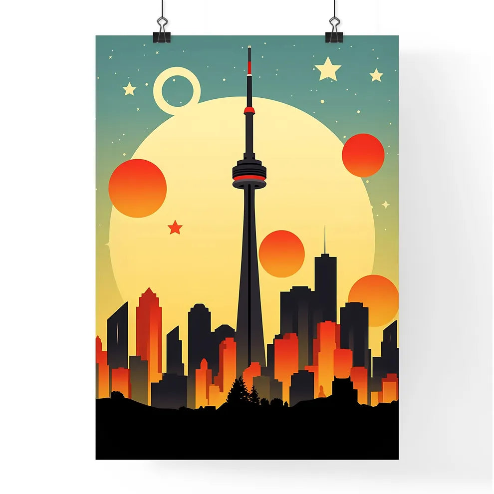 A Poster of minimalist Toronto skyline - A City Skyline With A Large Moon And Stars Poster