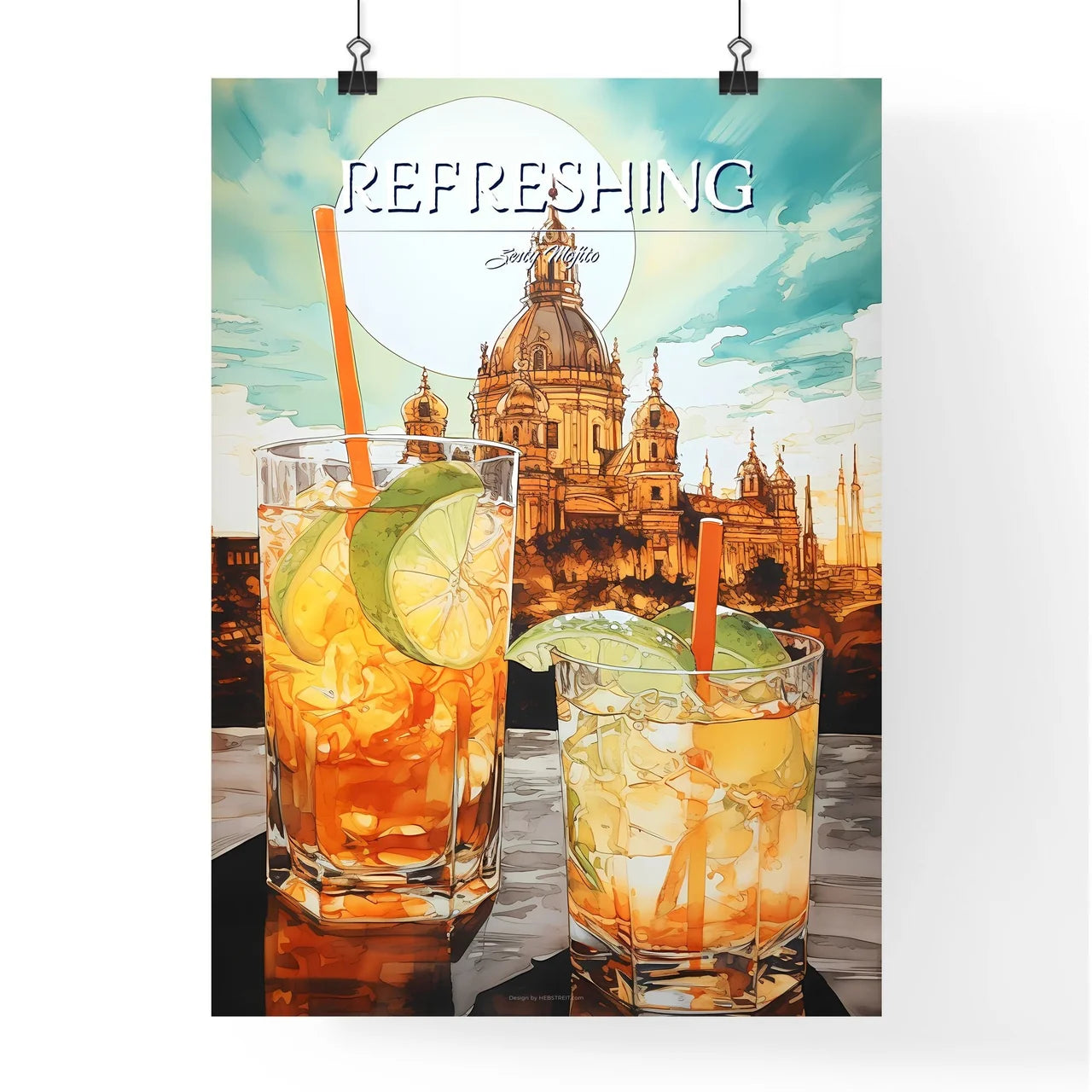 A Poster of mojito drink - Two Glasses Of Drinks With Limes And Straws In Front Of A Building Poster