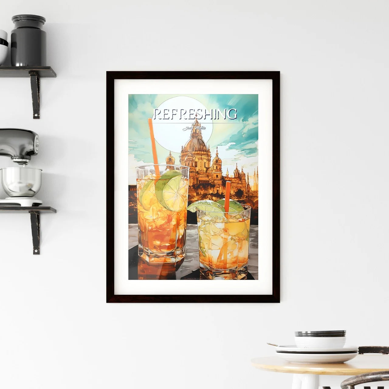A Poster of mojito drink - Two Glasses Of Drinks With Limes And Straws In Front Of A Building Custom Print