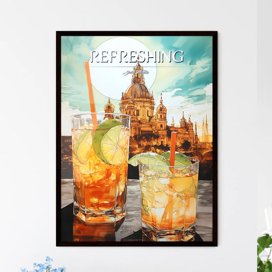 A Poster of mojito drink - Two Glasses Of Drinks With Limes And Straws In Front Of A Building Framed Art