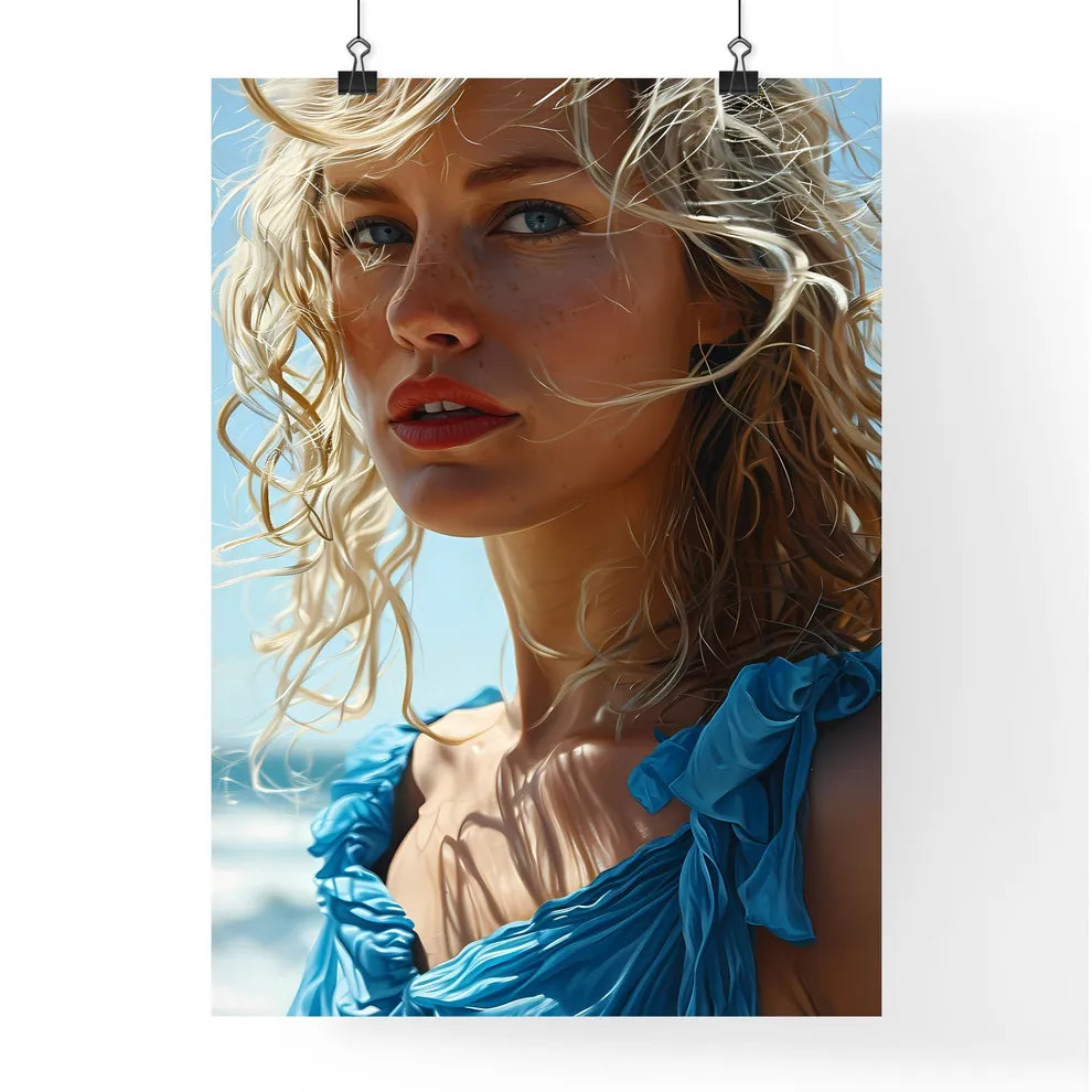 A Poster of an orange dress with blue eyes f Poster