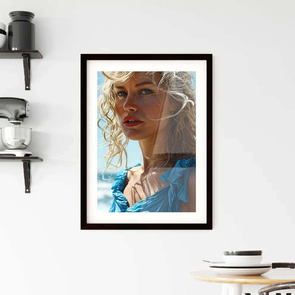 A Poster of an orange dress with blue eyes f Framed Print