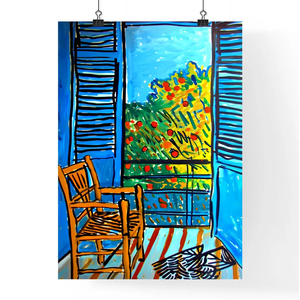 A Poster of Still life with Oranges ad Apples - A Drawing Of A Chair In Front Of A Window Poster