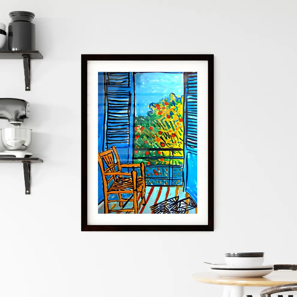 A Poster of Still life with Oranges ad Apples - A Drawing Of A Chair In Front Of A Window Custom Print