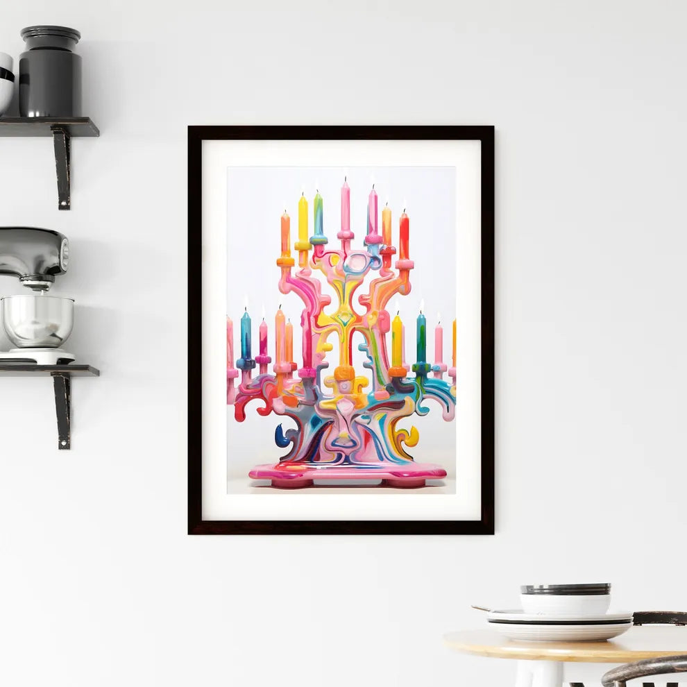 A Poster of a colorful menorah painted on wh Framed Print