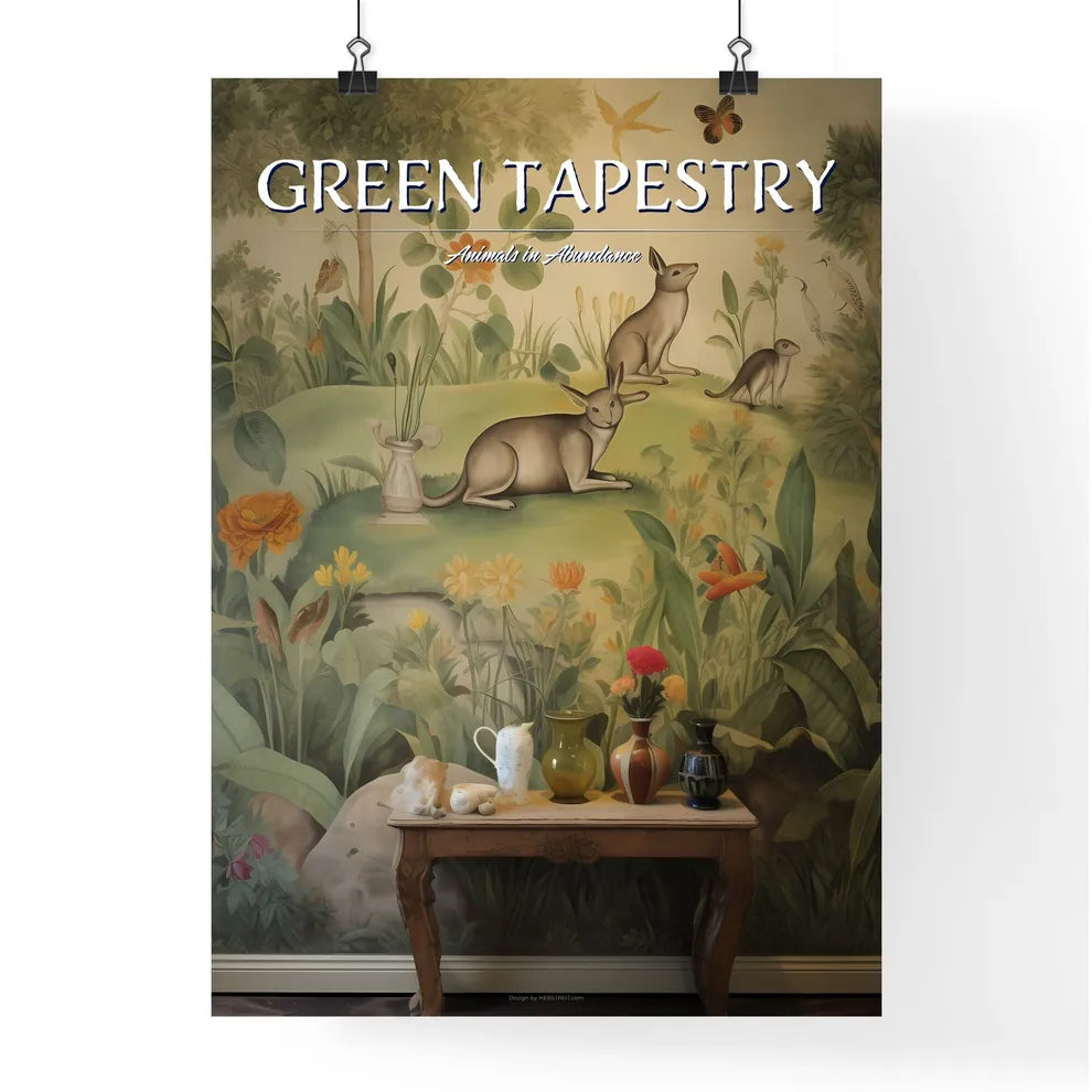 A Poster of the tapestry is green with many animals  Poster