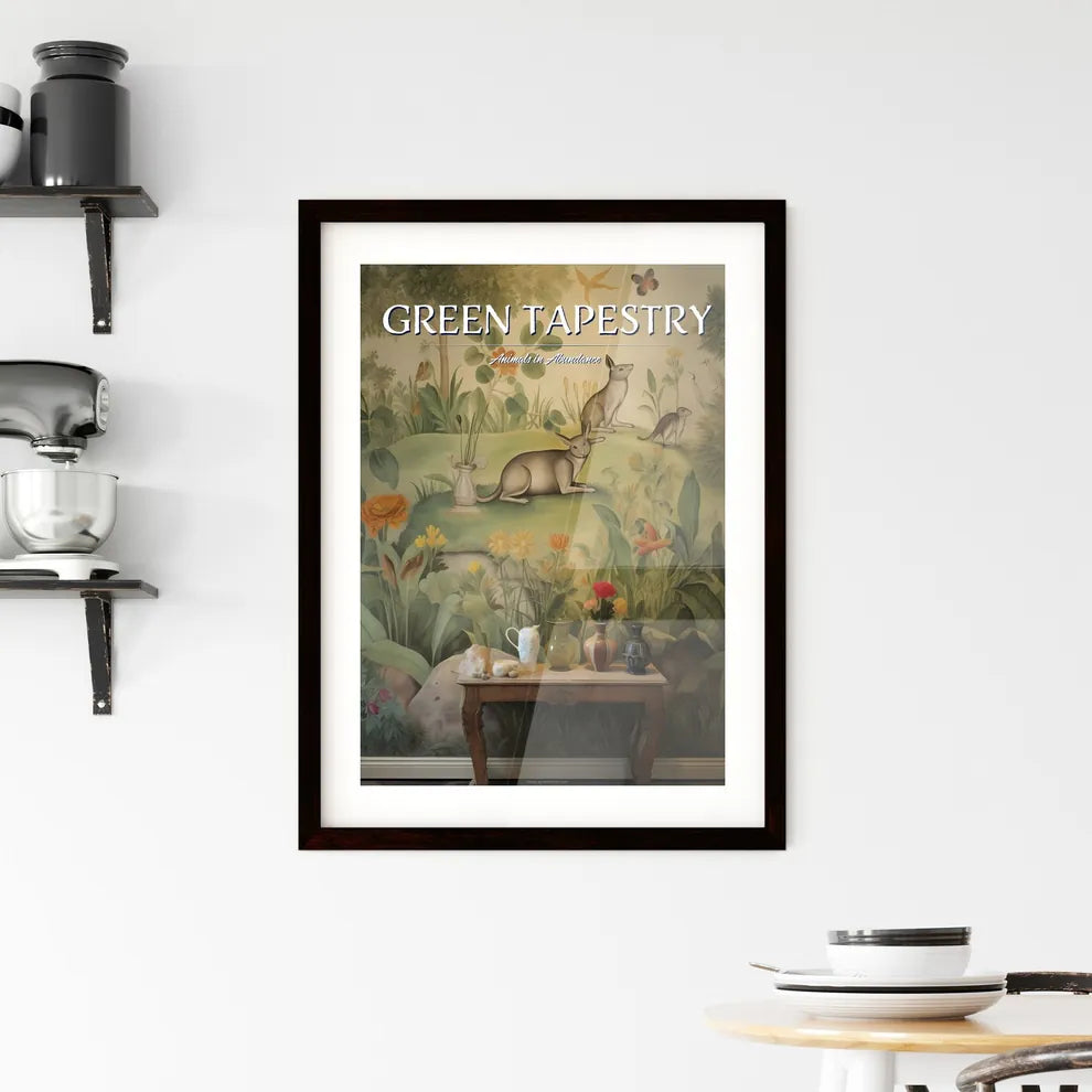 A Poster of the tapestry is green with many animals  Framed Print