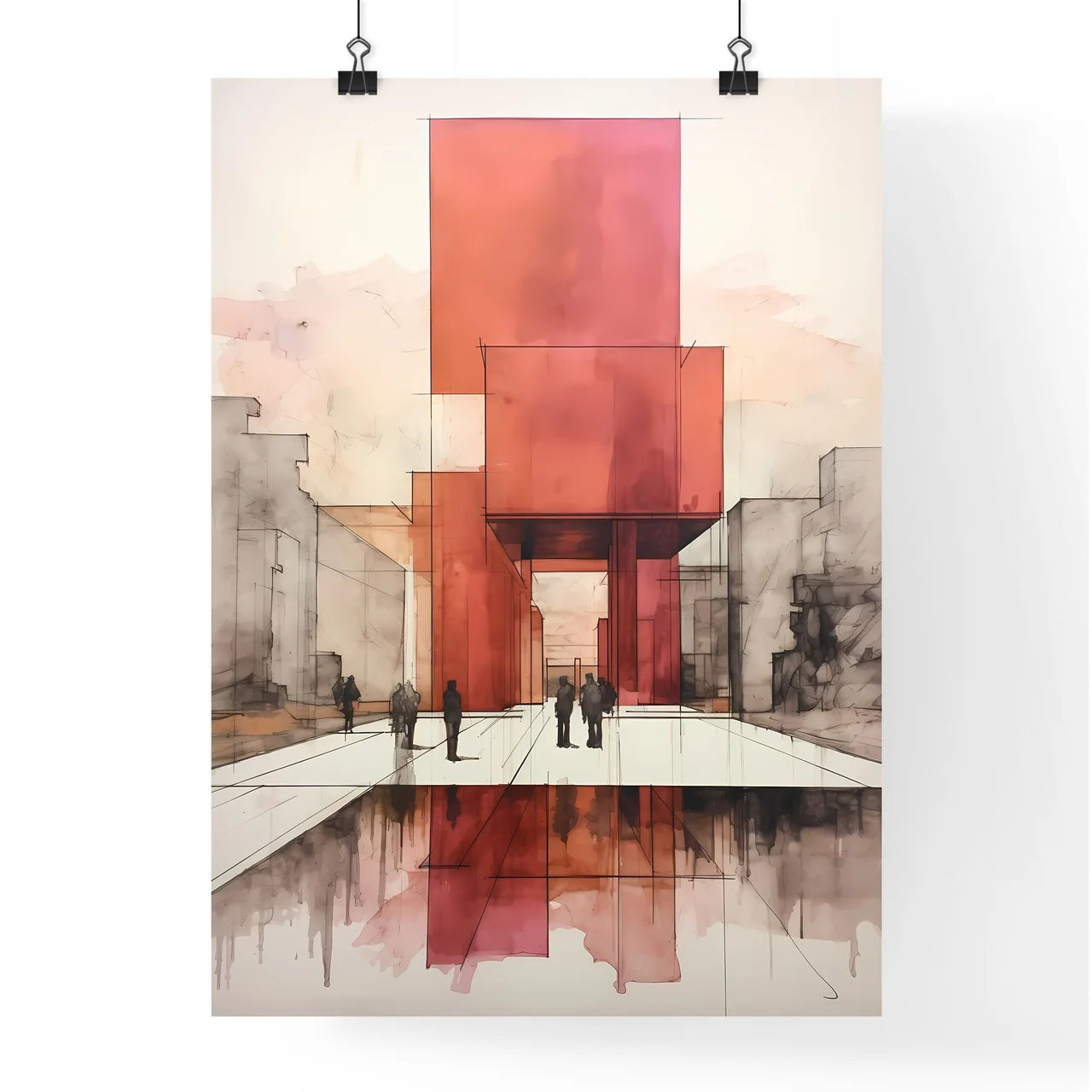 A Poster of minimalism architecture - A Drawing Of A Building With Red Columns Poster