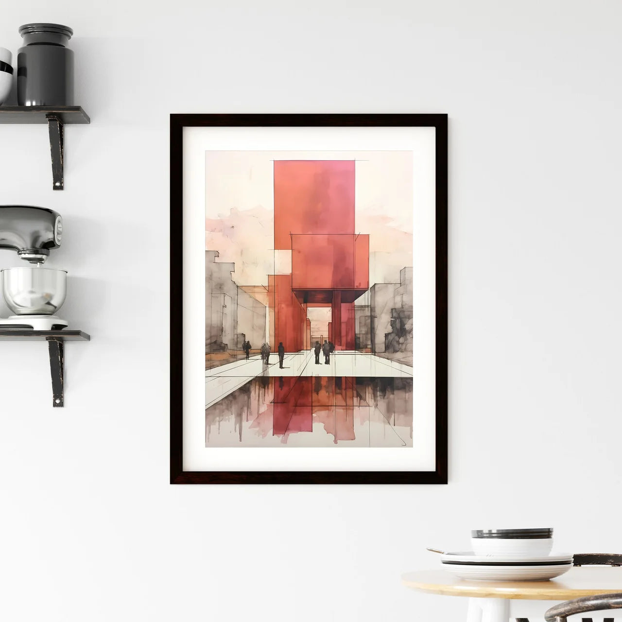 A Poster of minimalism architecture - A Drawing Of A Building With Red Columns Custom Print
