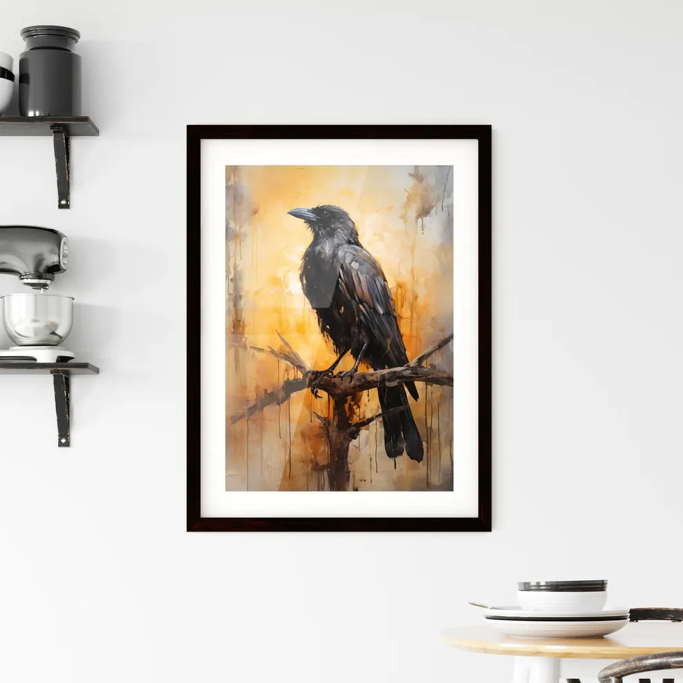 A Poster of A mysterious oil painting with a black crow  Framed Print