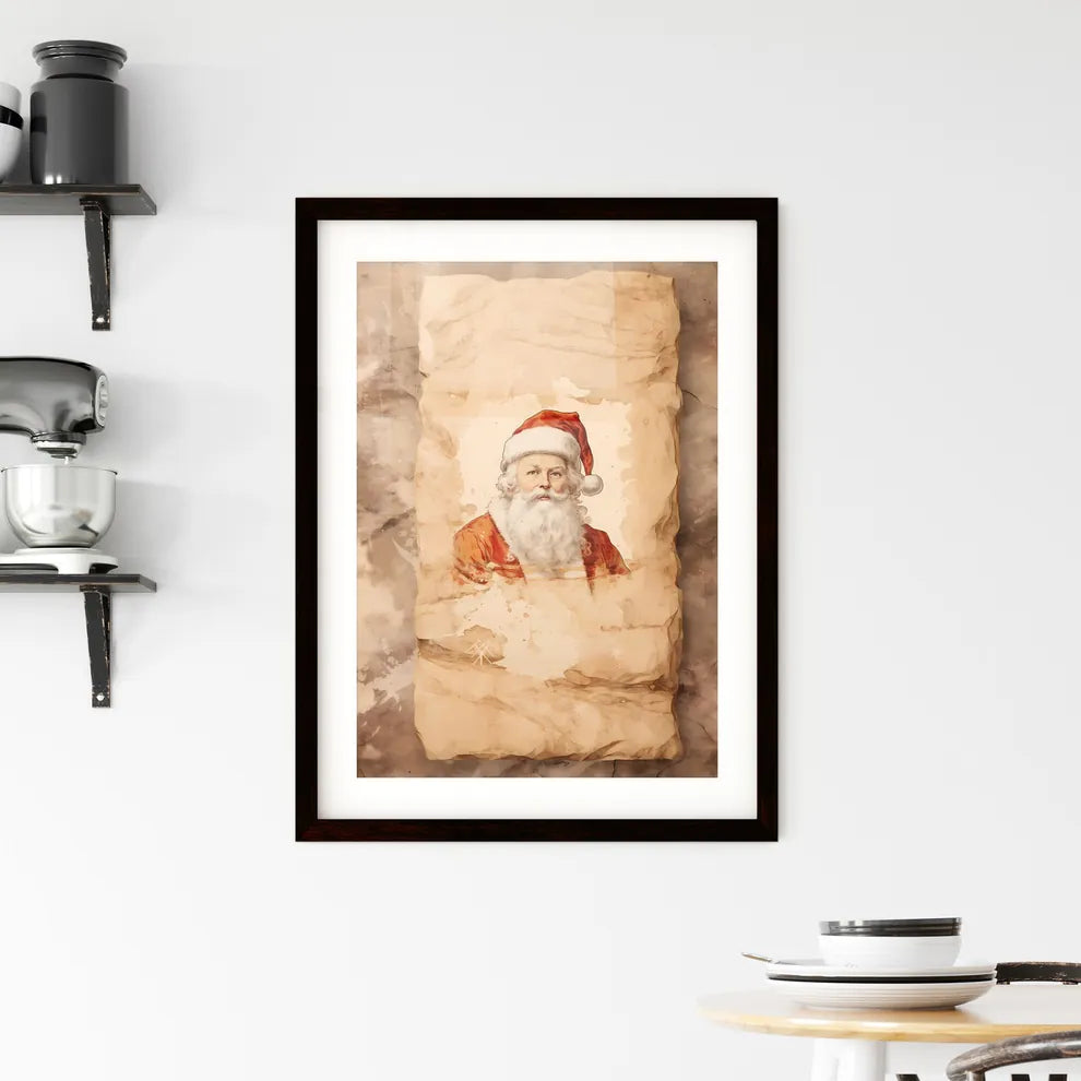 A Poster of santa claus on a beige insulated Framed Print