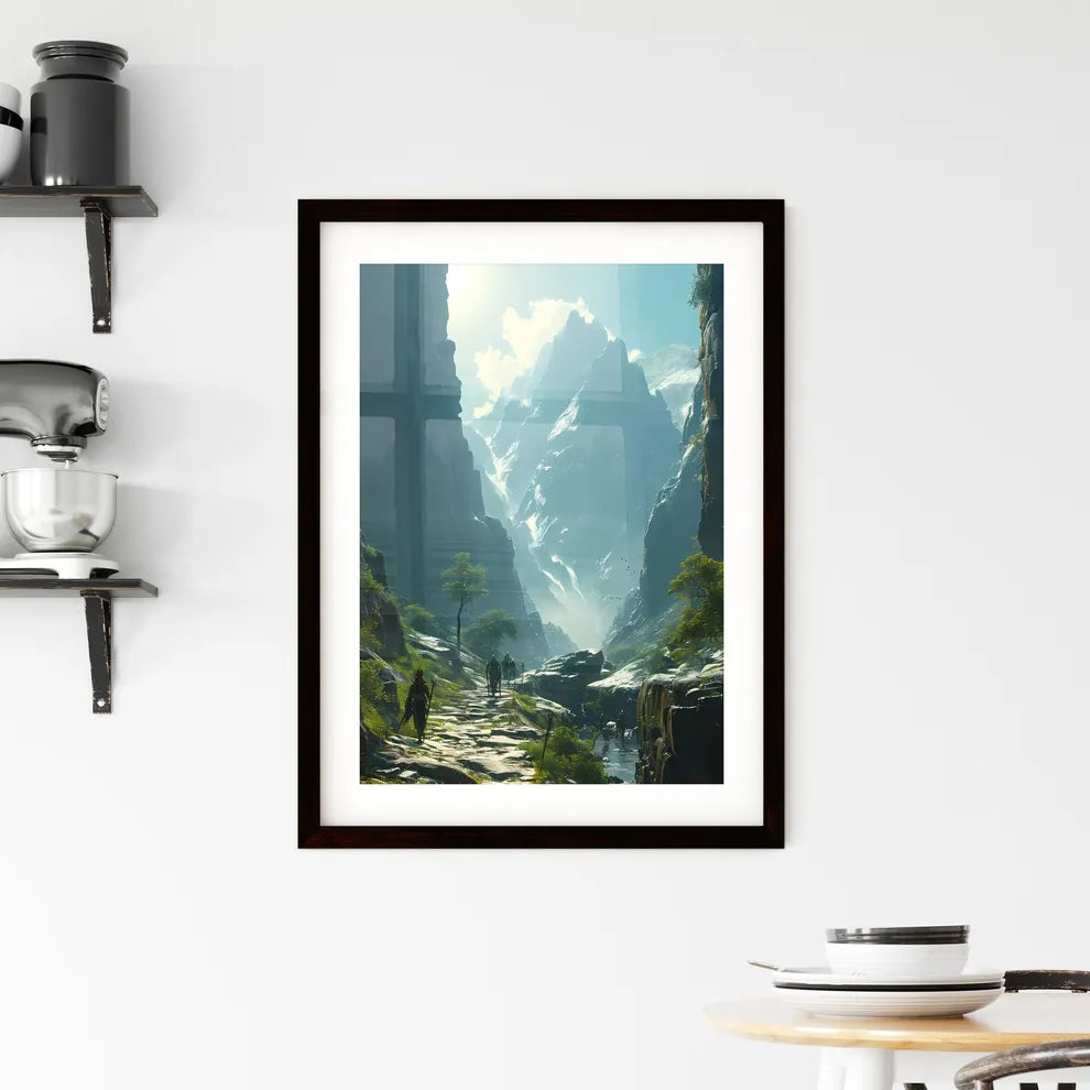 A Poster of a green sunny landscape with man Framed Print
