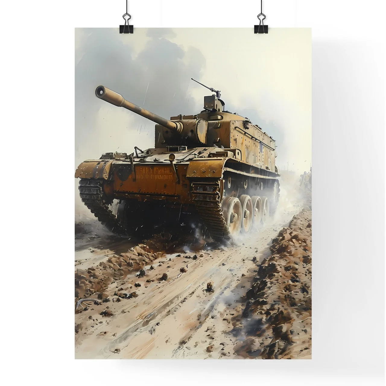 A Poster of WW1 tank battlefield in the back Poster