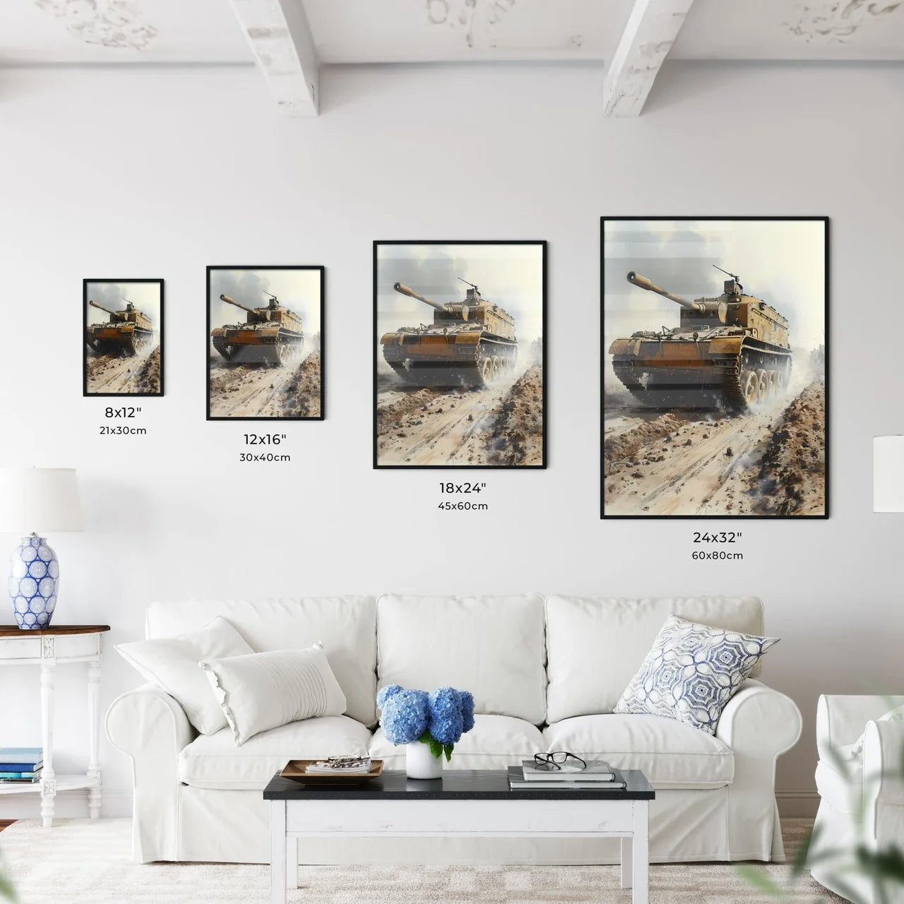 A Poster of WW1 tank battlefield in the back - Kitchen Hangings