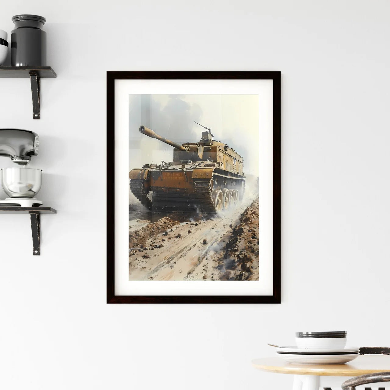 A Poster of WW1 tank battlefield in the back Framed Print