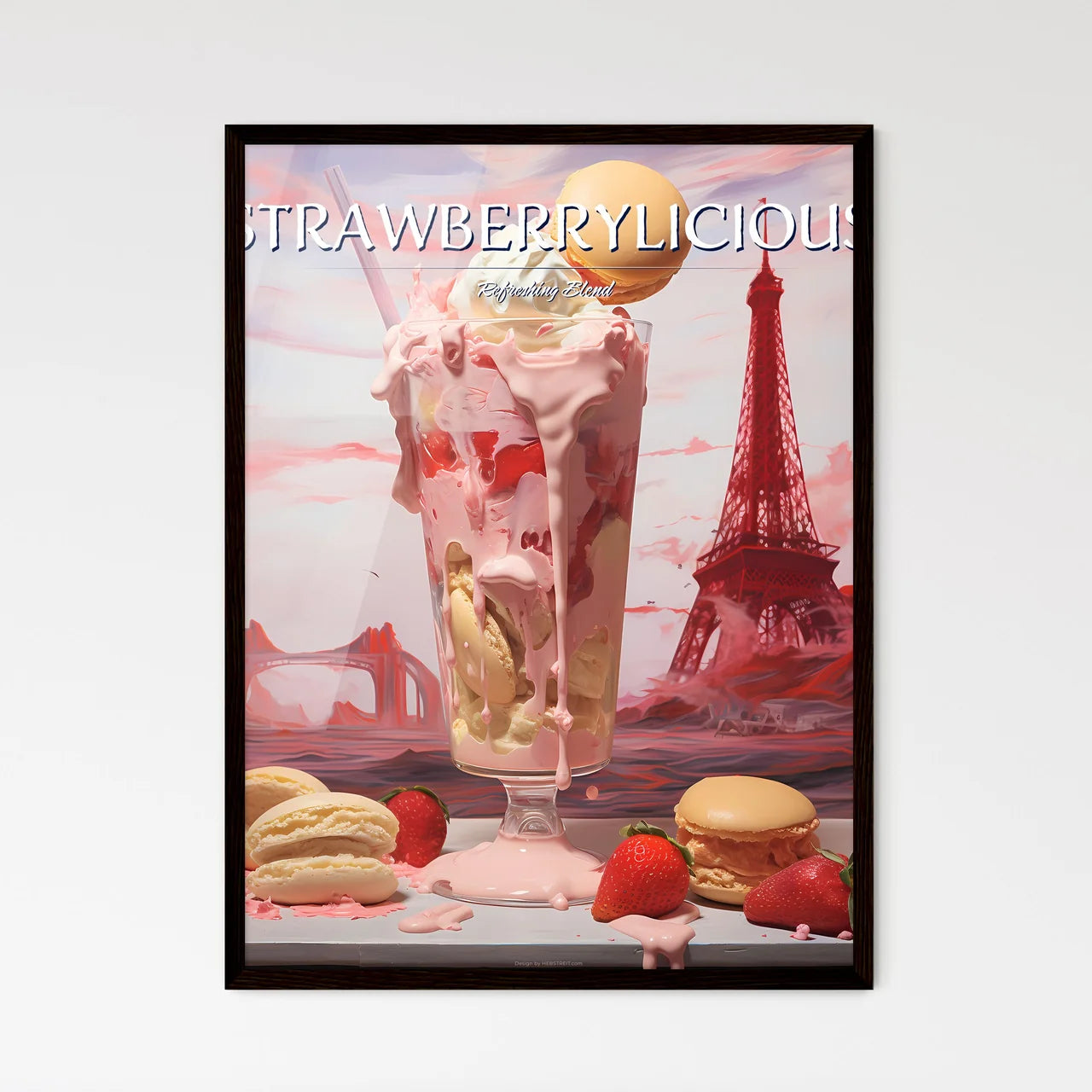 A Poster of strawberry milkshake - A Pink Mi - Framed Art Print