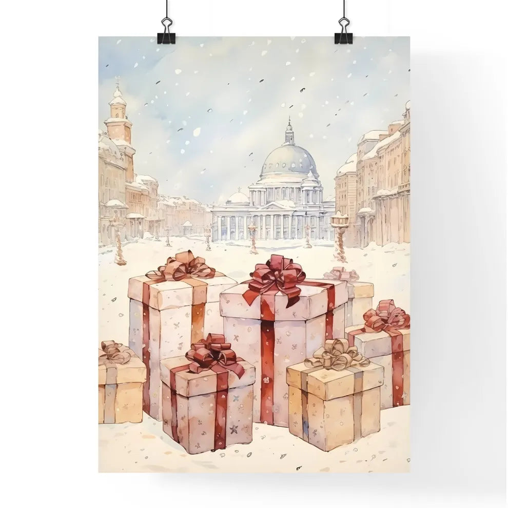 A Poster of Christmas and Holiday Gifts on Snow - A Group Of Presents In A Snowy City Poster