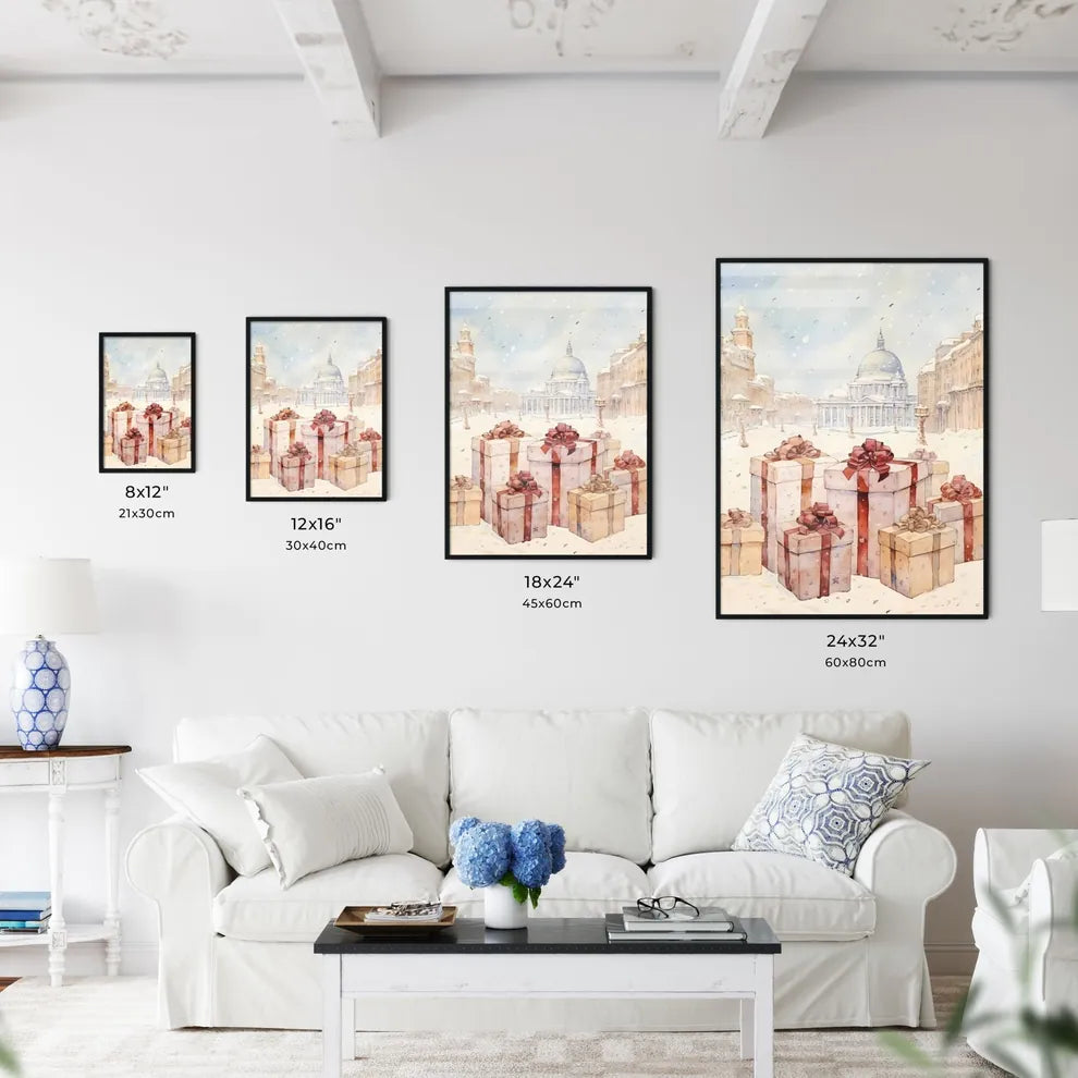 A Poster of Christmas and Holiday Gifts on Snow - A Group Of Presents In A Snowy City Size Chart