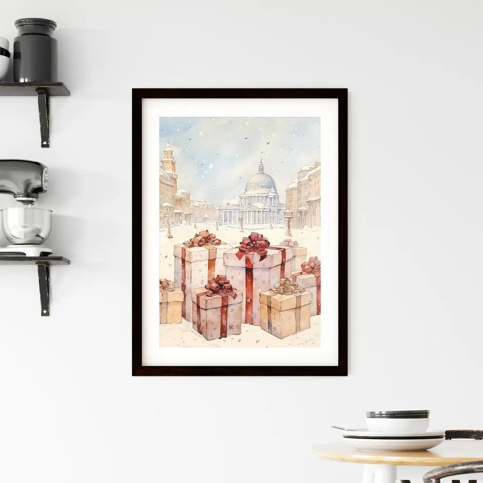 A Poster of Christmas and Holiday Gifts on Snow - A Group Of Presents In A Snowy City Custom Print