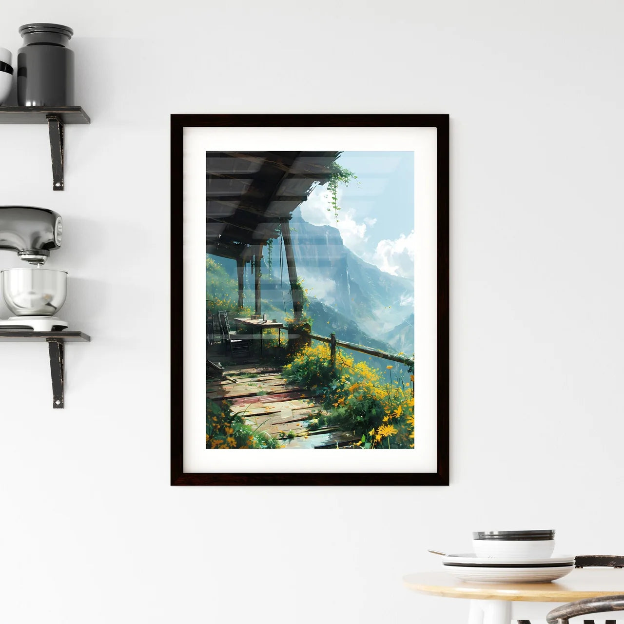 A Poster of furniture on deck with a view -  Framed Print