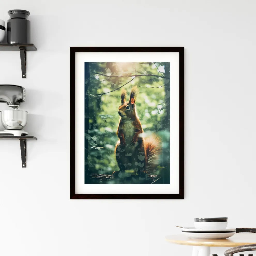 A Poster of a squirrel scampers after nuts  Framed Print