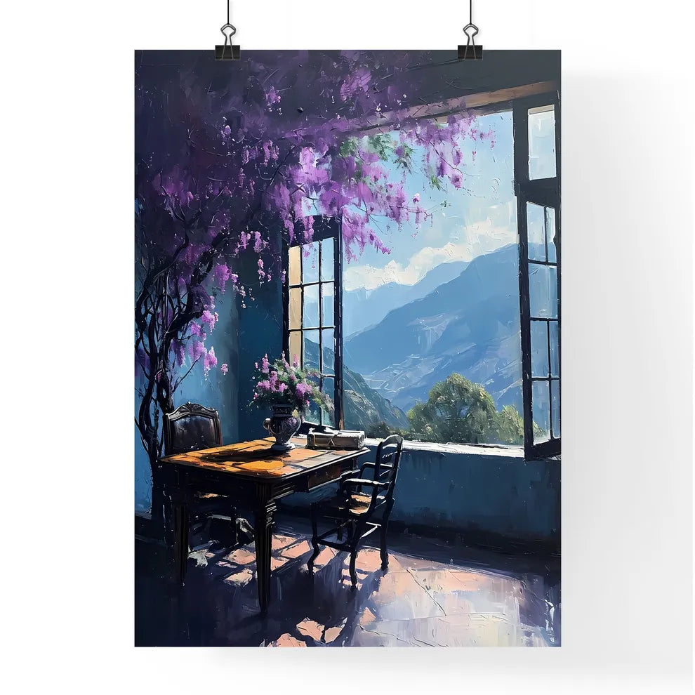 A Poster of Painting of table and chairs by the window - A Table And Chairs In A Room With Purple Flowers Poster
