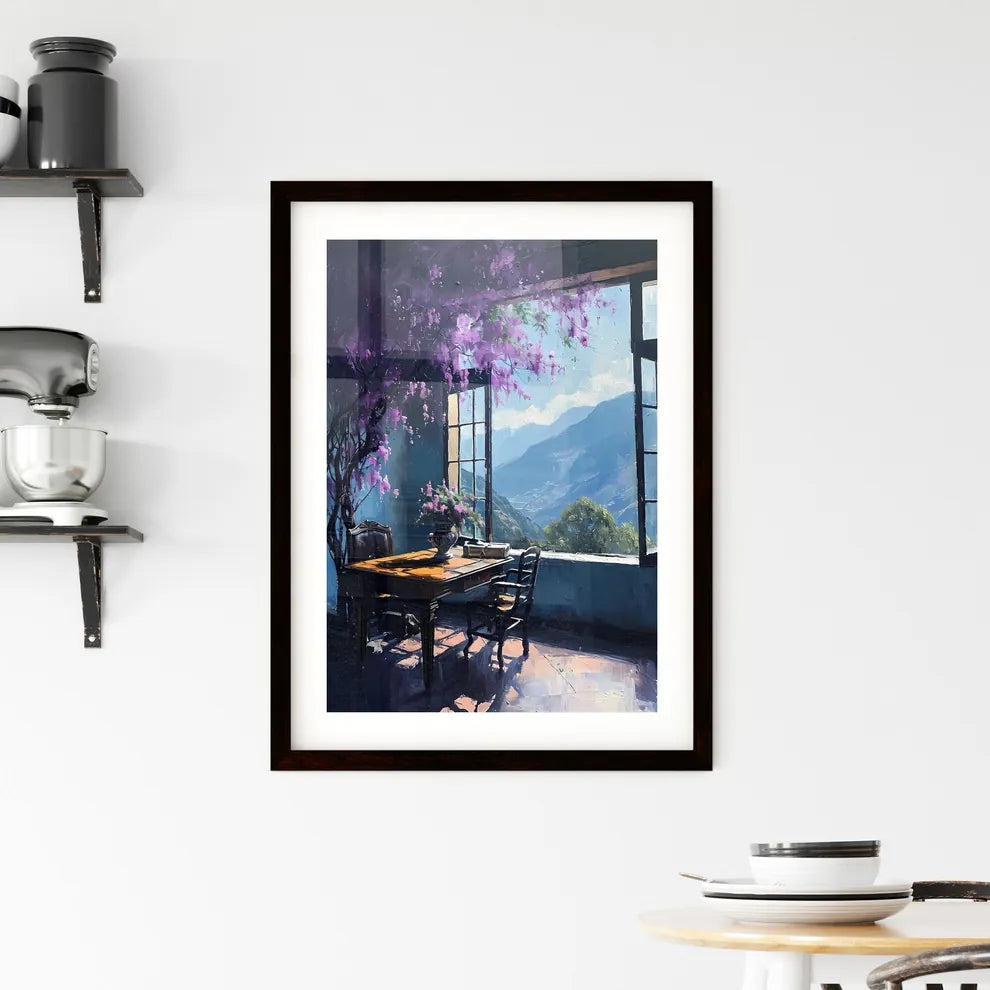 A Poster of Painting of table and chairs by the window - A Table And Chairs In A Room With Purple Flowers Custom Print