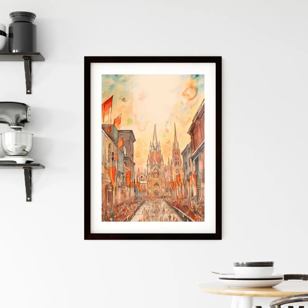 A Poster of cinco de mayo holiday card with copy space - A Street With Buildings And Flags Custom Print