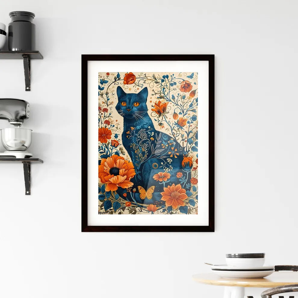 A Poster of linocut cat folk art  Framed Print