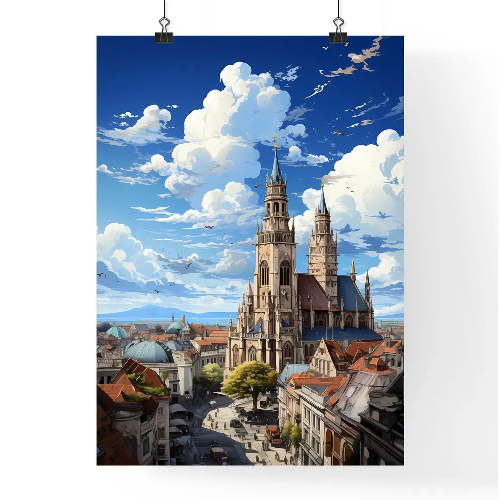 A Poster of the roofs of munich skyline - A Large Building With Towers And A City In The Background Poster
