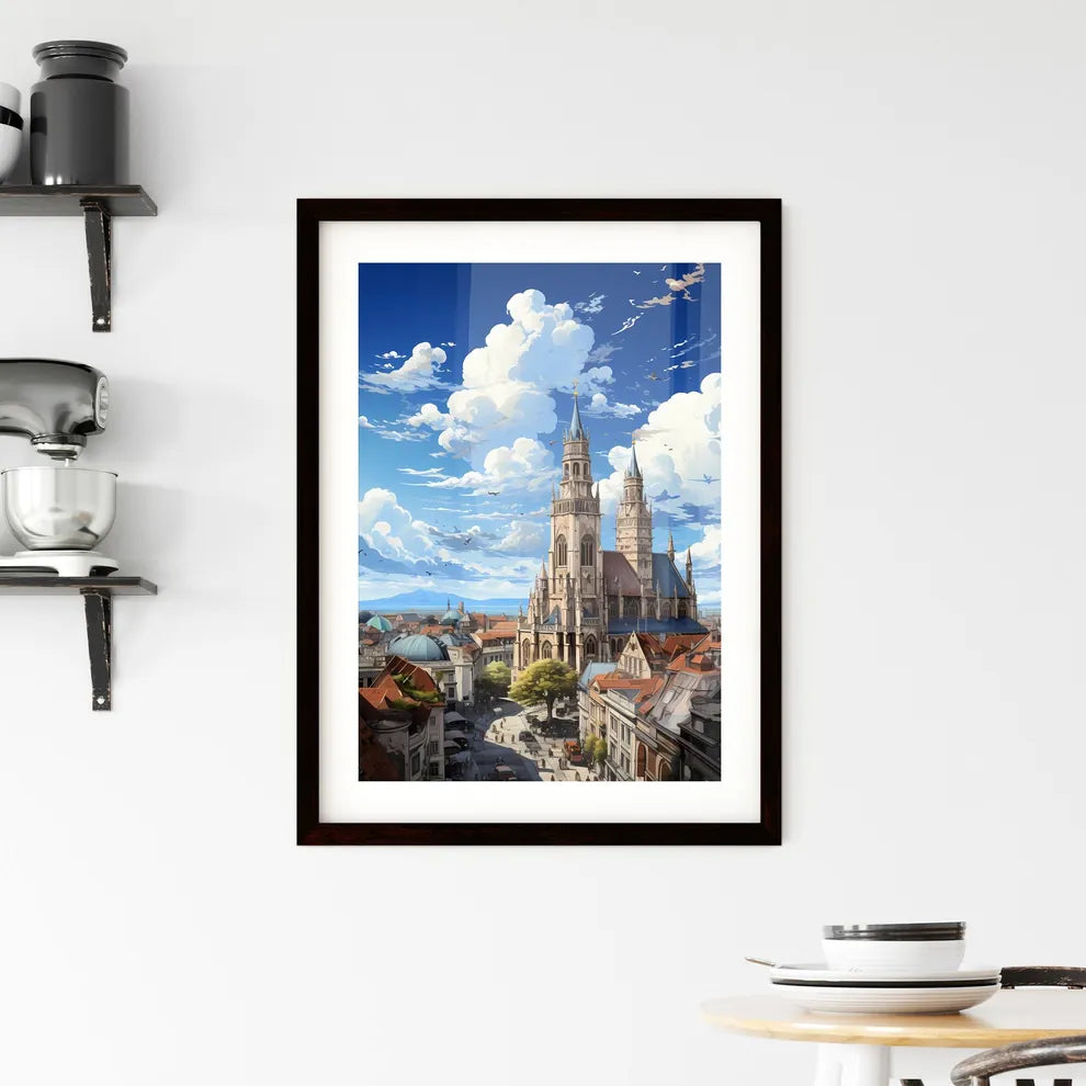 A Poster of the roofs of munich skyline - A Large Building With Towers And A City In The Background Custom Print