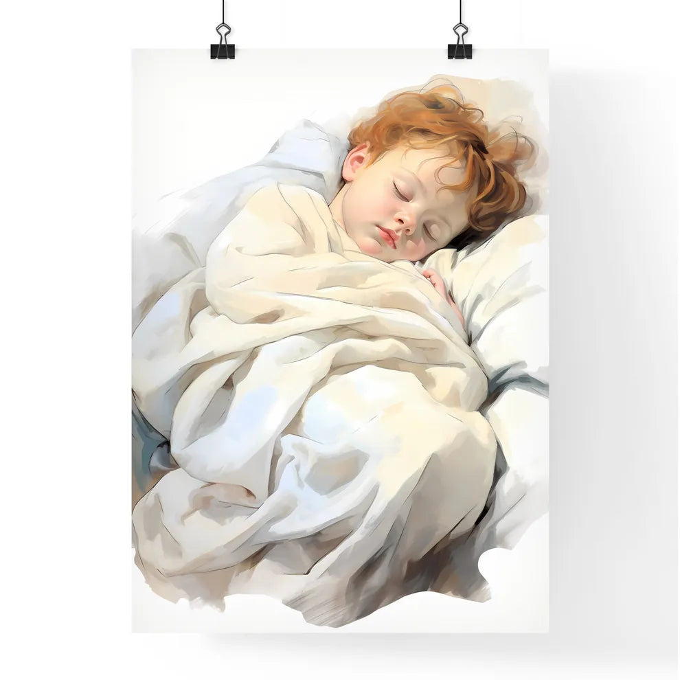 A Poster of baby sleeping in a white blanket Poster