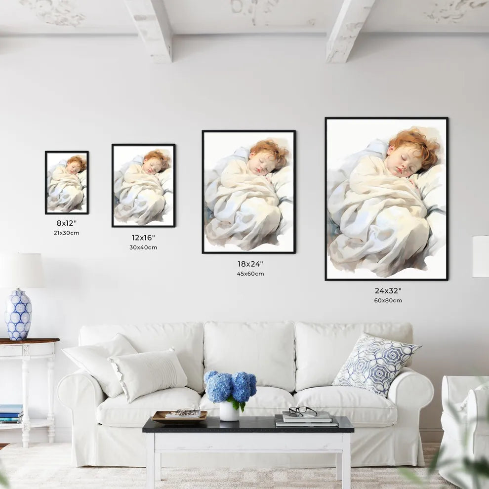 A Poster of baby sleeping in a white blanket - Kitchen Hangings