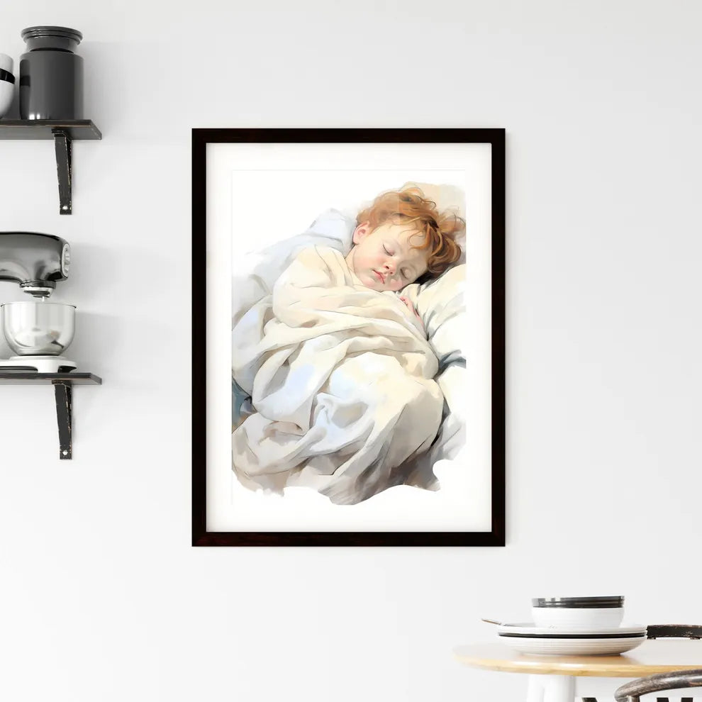 A Poster of baby sleeping in a white blanket Framed Print