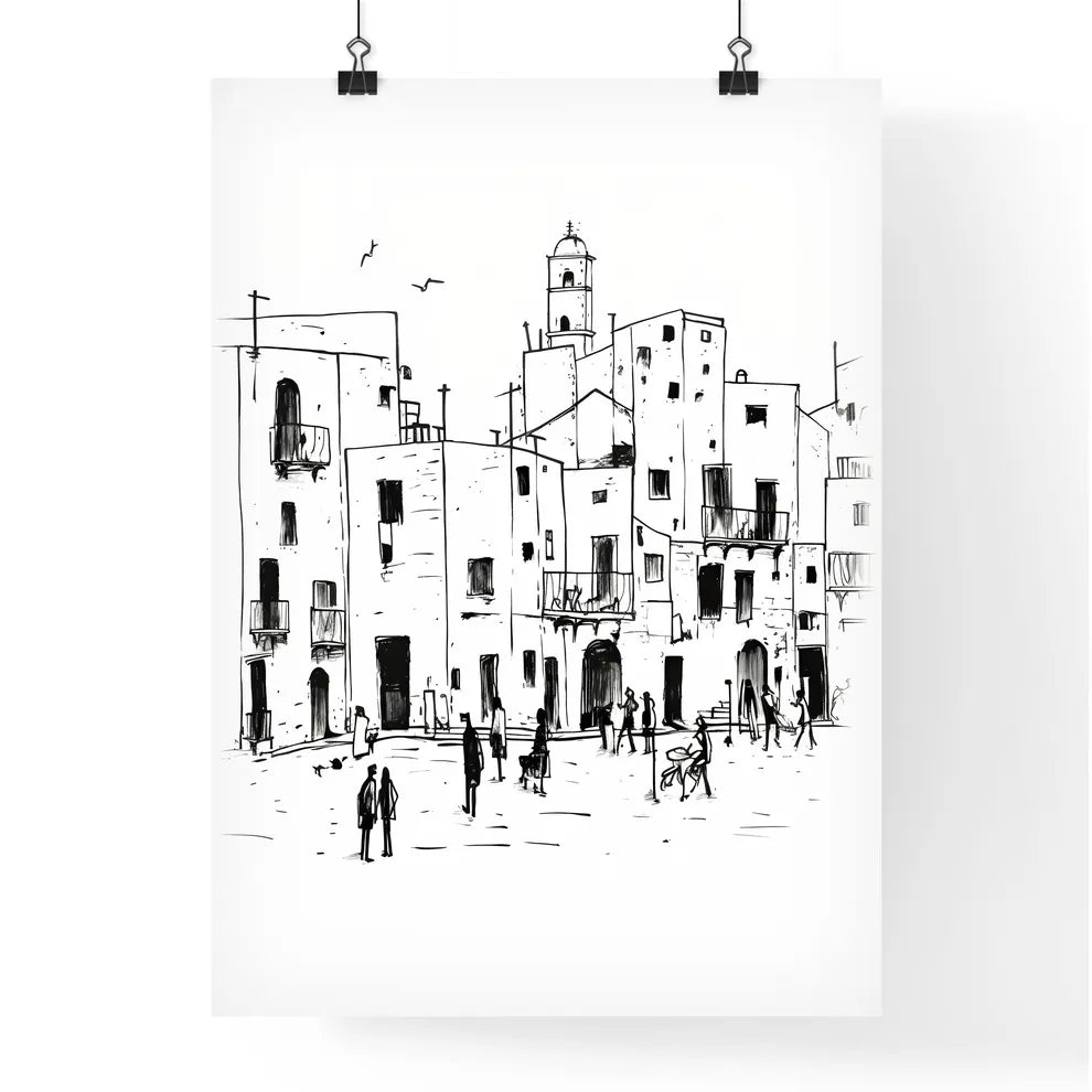 A Poster of Trapani TP city center and some people - A Drawing Of A Group Of People Walking In A Street Poster