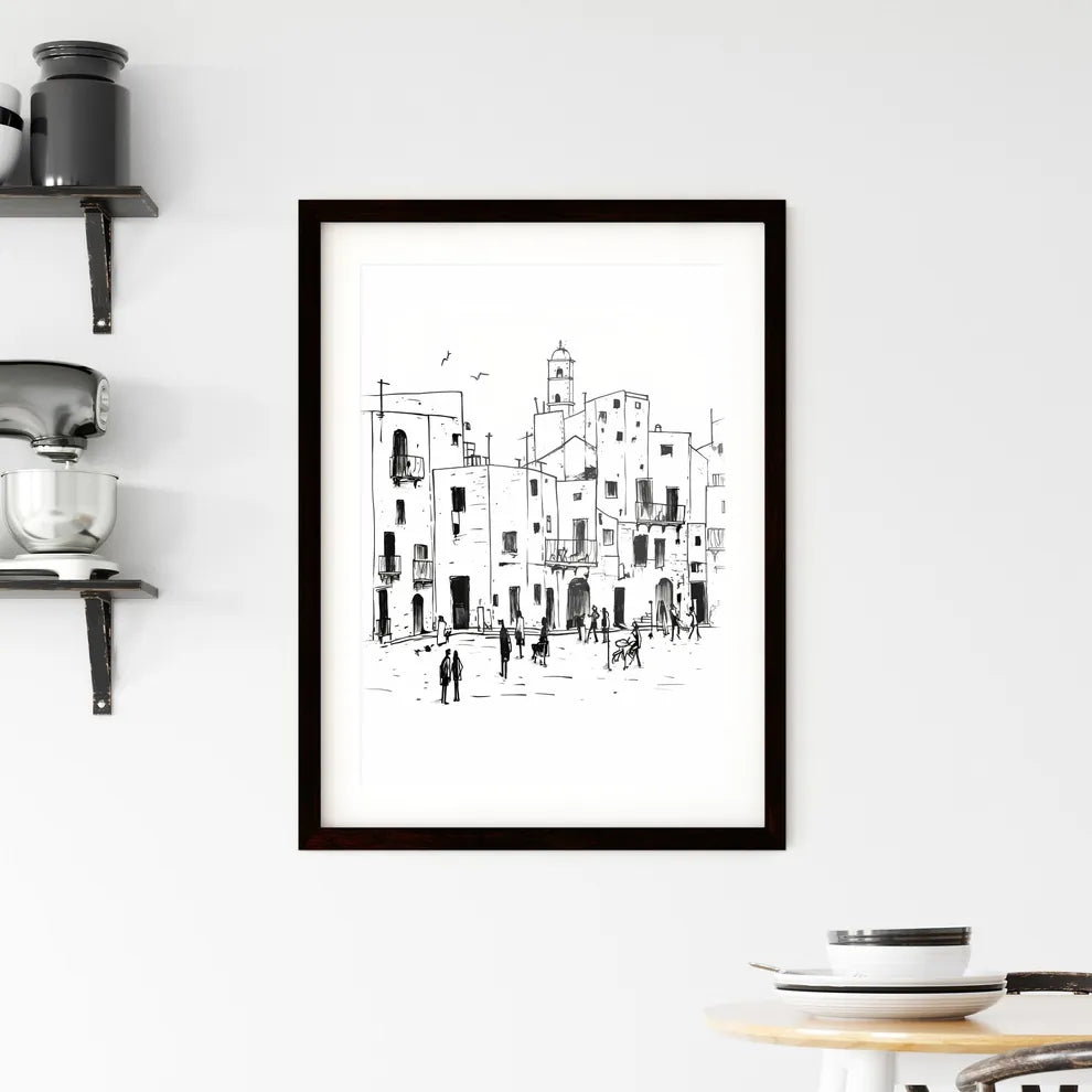 A Poster of Trapani TP city center and some people - A Drawing Of A Group Of People Walking In A Street Custom Print