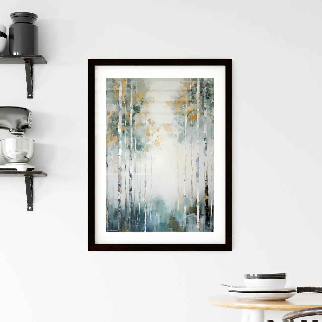 A Poster of painted forest of trees in white Framed Print