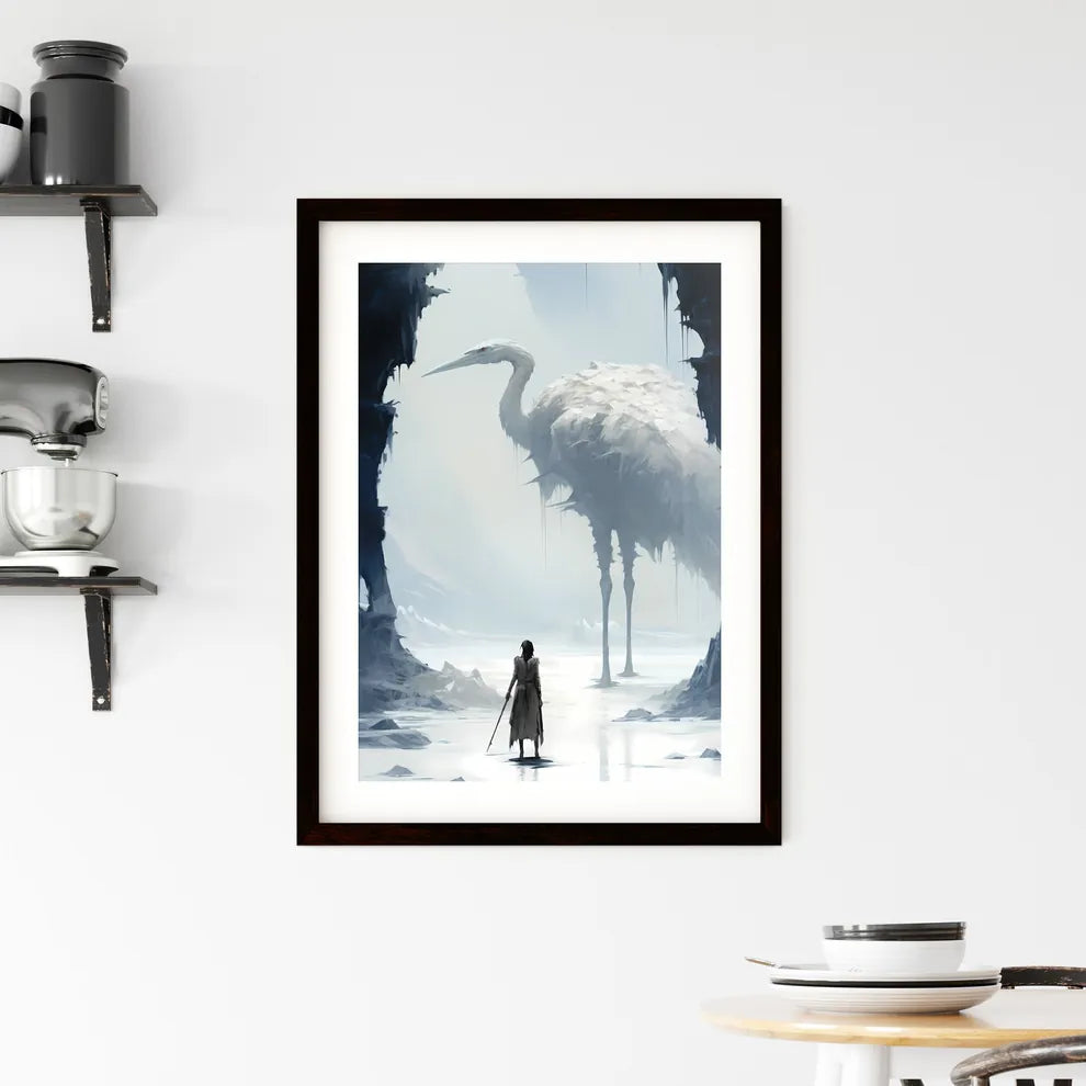 A Poster of A rider on a large ostrich  Framed Print