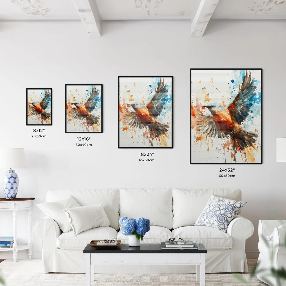 A Poster of watercolor bird in flight in beige tones  Size Chart